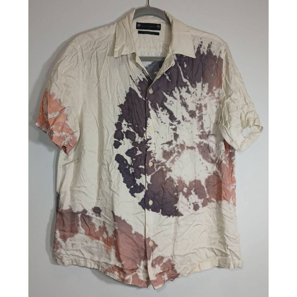 Allsaints mens medium viscose silk beige art to wear shirt short sleeve